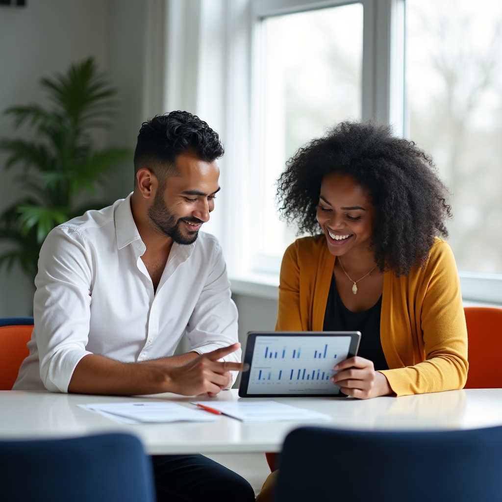Two colleagues discussing a content pipeline report on a tablet in an office setting