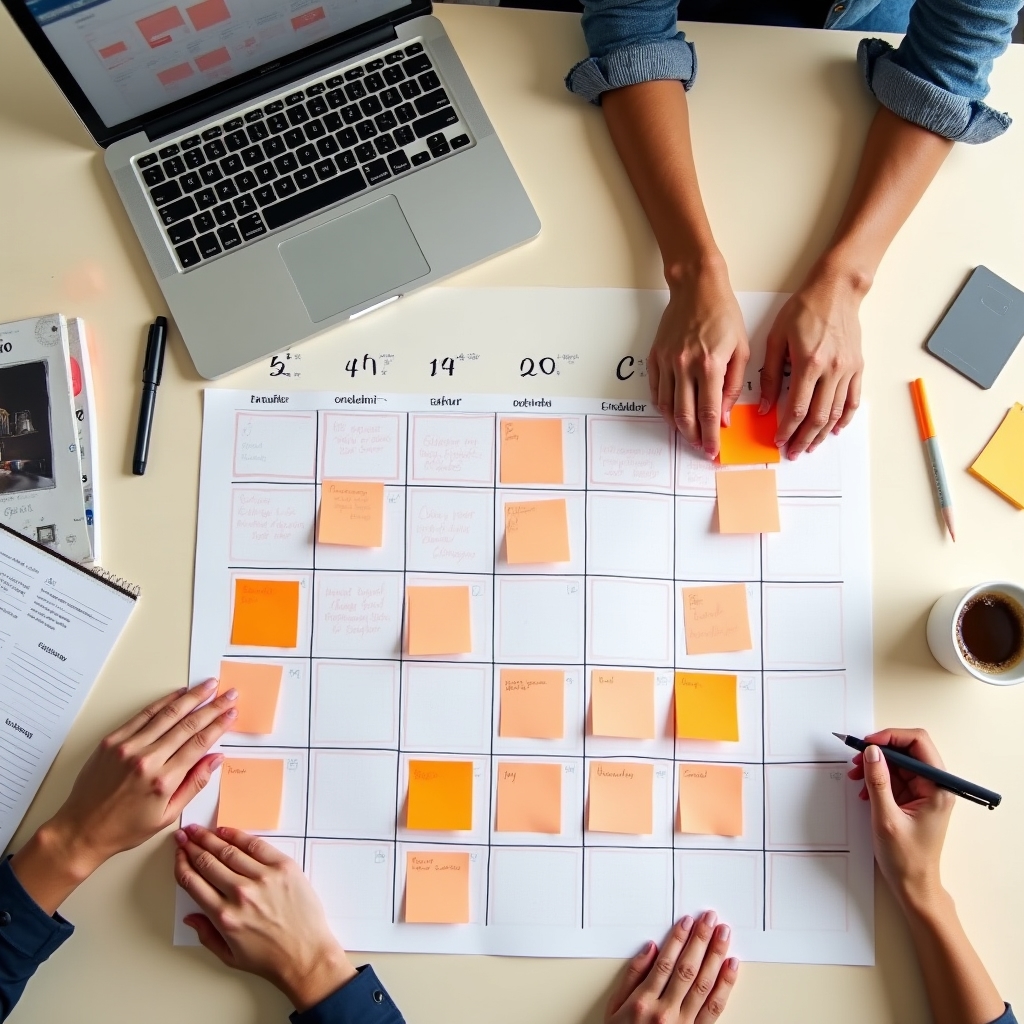 Editorial calendar planning session with sticky notes and a printed content roadmap on a table