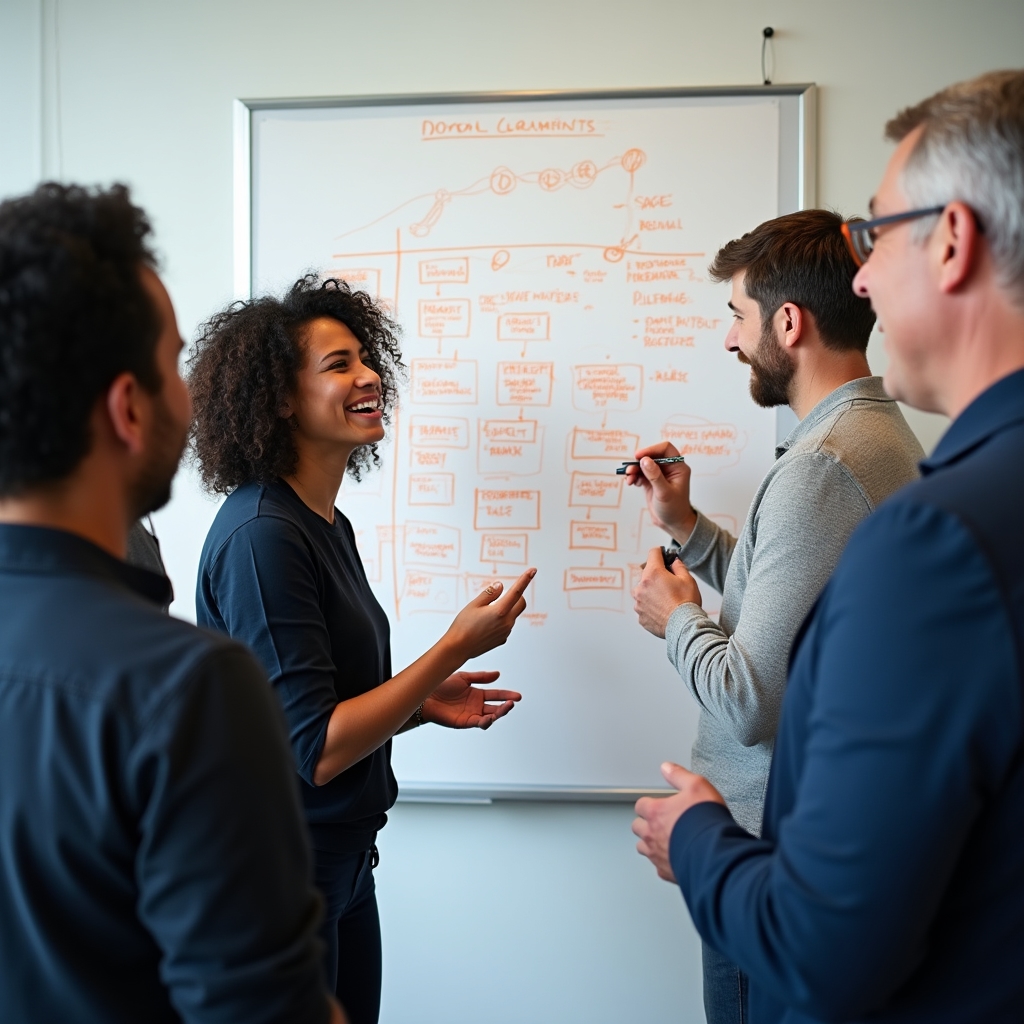 Team gathered around a whiteboard mapping content topics to pipeline stages during a workshop